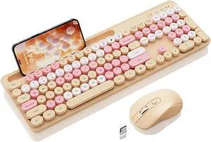 Wireless Keyboard and Mouse Combo with Round Keycaps, Retro Typewriter Keyboard with Phone/Tablet Holder, Full Size Keyboard, Soft Click & Auto Sleep, for Windows/Computer/Laptop/PC, Milk-tea Colorful