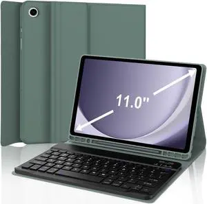 Keyboard Case for Samsung Galaxy Tab A9+ Tablet 11", Dechatable Keyboard Bluetooth, Smart Cover with S Pen Holder, Synthetic Leather Folio for Tab A9 Plus, Dark Green