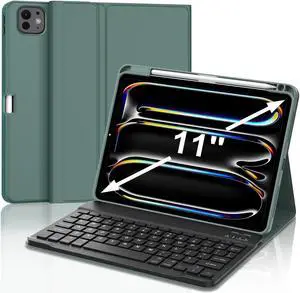 SENGBIRCH Keyboard Case for iPad Pro 11-inch (M4) 2024, Smart Case for iPad Pro 11'' with Keyboard, Detachable Keyboard Bluetooth, w/Pencil Holder Synthetic Leather Folio, US English, Dark Green