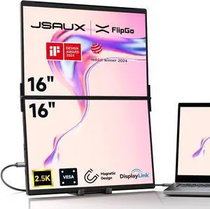 JSAUX FlipGo 16" Pro 2.5K Dual Screen Portable Monitor, Triple Laptop Screen Extender | DisplayLink | HiDPI | One Cable to Dual IPS Screen | Built-in HUB | Magnetic Design for Windows, Linux, MacOS