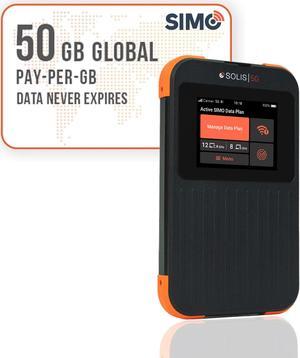 SIMO Solis 5G WiFi Mobile Hotspot + 50GB Global Data, Local and International Coverage Router, Multi-Carrier Access, No Contract or SIM Card Required, 16 Connected Devices, 1GB/Month Lifetime Data