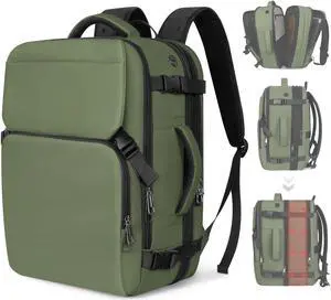 Snoffic Travel Backpack Carry On Flight Approved, Lightweight Large Travel Backpack, Expandable with USB Charging Hole, Waterproof Causal Bookbag for Travel Work College Fits 17inch Laptop, Green