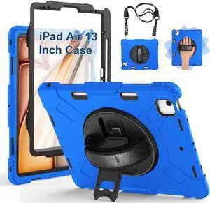 SUPFIVES Case for iPad Air 13 Inch 2024,Upgraded Military Shockproof Silicone Cover with Screen Protector+Hand Strap+Shoulder Strap+Rotating Kickstand+Pencil Holder,Blue
