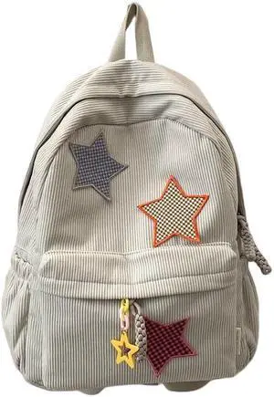 Taolivingmart Corduroy Backpack with Star Pattern, Trendy and Versatile, Fits 14'' Laptop Large Capacity Daily Commute (Beige)