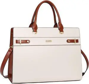 Telena Womens Leather Laptop Bag Shoulder Tote Work Briefcase Large Capacity Handbag Brown with Beige