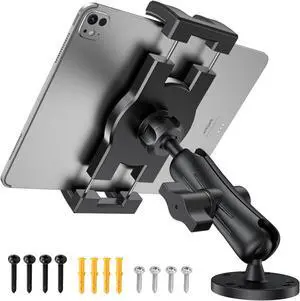 TeQable Industrial Tablet Mount for Truck&Vehicle, Heavy Duty Drill Base iPad Mount Holder for Car, Adjustable Aluminum Arm, Compatible w/ 4.7"-12.9" Devices, Perfect for Dashboard, Boats, Walls-Black