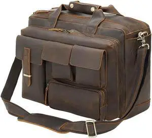 TIDING Full Grain Leather Briefcase For Men 17.3 Inch Laptop Case Multi Pockets Business Travel Messenger Bag