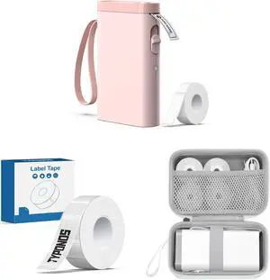 TYPONOS P21 Label Maker Machine Bluetooth Label Printer, Black on Clear Sticker Thermal Paper Self-Adhesive Label Tape 14x40mm (0.55"x1.57"), Carrying Bag Storage Holder for Label Makers