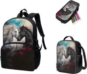 Viewamoon Horse Backpacks For Girls Set 3 pcs Portable Large Lunch Cooler Box With Water Bottle Pocket And Pencil Case Large Preschool Bookbag for Toddler Girls 6-8 Age