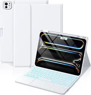 Hamile for iPad Pro 11-inch Case with Keyboard (M4) - Magnetic Wireless Detachable Keyboard with Multi-Touch Trackpad 7 Colors Backlit Stain Proof Folio Cover for iPad Pro 11 Inch 2024 - White
