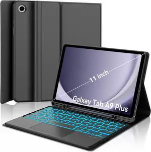 YEHOBU for Samsung Galaxy Tab A9 Plus Case with Keyboard 11 inch, Smart Touchpad, 7-Color Backlit, Folio Cover with S Pen Holder, Detachable Bluetooth Keyboard Case for Tablet A9+ 5G 11'' 2023 Black