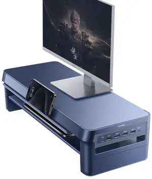 Vaydeer All-in-One Dual Monitor Stand Riser 2 Tier USB 3.0 Monitor Stand, Metal Monitor Riser with Hub, Support Fast Charging and Transfer Data, Desk Organizer for PC, iMac,21.4inch