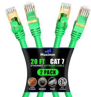 Cat 7 Ethernet Cable 20 ft - High-Speed Internet Network LAN Patch Cable, RJ45 Connectors - 20ft Green 2 Pack - Perfect for Gaming, Streaming, and More