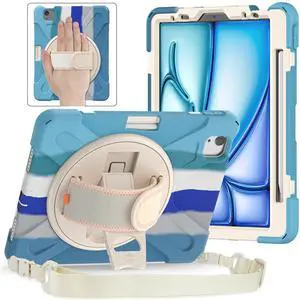 Batianda Case for iPad Air 11-inch (2024) M2 Chip Model A2902 Heavy Duty Rugged Durability Silicone Tablet Cover with 360deg Rotating Hand Strap Foldable Hidden Stand & Shoulder Strap, Colorful Blue