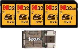 KODAK 32GB Class 10 UHS-I U1 SDHC Memory Card (5-Pack) Bundle with All-in-One USB Card Reader (6 Items)