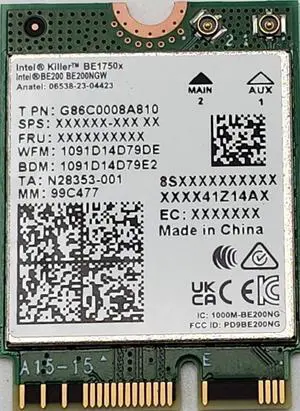 Intel Killer BE200 1750x & BT 5.4 Wi-Fi 7 Card with M.2. pcie Key E Interface for Intel Processors Single Pack. Ultra Low Latency Ideal for Gaming., white/Green