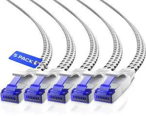Maximm Ethernet Cable Cat 7, 12 ft, 5 Pack,Easy-Hide Flat Super-Durable White Braided Network LAN Internet Cable/Cord, Ethernet Patch Cable
