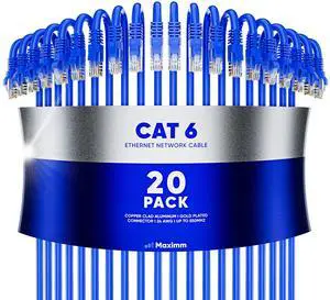 Maximm Cat 6 Ethernet Cable 12 ft (20-Pack) - High-Speed LAN Cable, Internet Cable, Patch Cable, and Network Cable - UTP, 10Gbps, 550MHz Ethernet Cord - Blue