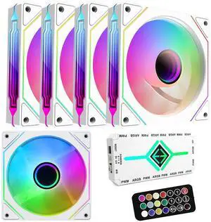 RGB Fans:5pack 120mm PWM ARGB Case Fan with Fan Hub and Remote,Speed Control,PWM Control Fan for Computer Case and Liquid Cooling System,White