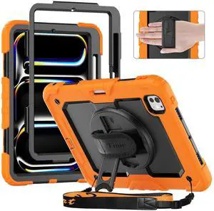 timecity for iPad Pro 11 Inch M4 Case 2024 5th Gen, 360deg Rotating Stand, Pencil Holder & Wireless Charging, Shockproof with Screen Protector & Shoulder Strap - for Designers & Professionals, Orange