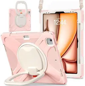 Batianda Case for iPad Air 13 inch 2024 M2 Chip Model A2898/A2899 Heavy Duty Rugged Durability Silicone Tablet Cover with 360deg Rotating Ring Foldable Kickstand & Shoulder Strap, Pink