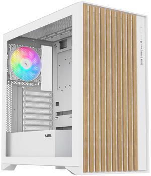 SAMA ATX PC Case,Tempered Glass Mid Tower Case,Genuine Walnut Wood Front,4 x 120mm ARGB PWM Pre-Installed,Type C USB,PC Gaming Case,White(V-Nature)