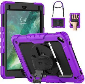 Timecity Case Compatible with iPad 9.7 Inch (for iPad 6th/5th Generation Case 2018 2017/ for iPad Air2 Case/for iPad Pro 9.7) with Rotating Stand/Strap Full-Body Silicone+PC Protective Case- Purple