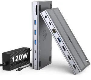 4URPC USB C Docking Station 3 Monitor with 120W Power Adapter, Displaylink Docking Station 3 HDMI for Mac, Windows, and Chrome with Thunderbolt or USB C(3 HDMI, 5 USB, Ethernet, SD/microSD)