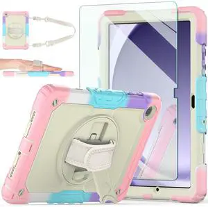 Ambison Case for Samsung Galaxy Tab A9+ 11'' 2023, [Kids Proof] Full Body Protective Case with 9H Tempered Glass Screen Protector, 360deg Rotatable Kickstand & Hand Strap (Light Pink)