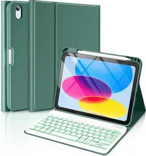 aMZCaSE for iPad 10th Generation Case with Keyboard 10.9 Inch, 7 Colors Backlight iPad 10th Generation Keyboard, Detachable Folio Keyboard Cove with Pencil Holder for New iPad 10th Gen,Camellia Green