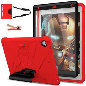 Andnary Case for iPad 10.2 inch 9th/8th/7th Generation, Heavy Shockproof Cover with 180deg Rotating Handle/Screen Protector/Bracket/Pen Holder/Shoulder Strap, Case for 2021/2020/2019, Red+Black