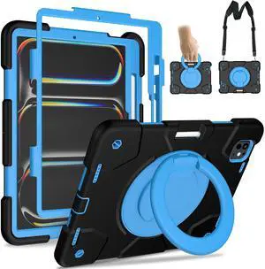 Andnary New Case for iPad Pro 11 Inch Case 2024 5th Generation (M4), Heavy Duty Shockproof Protective with 360deg Rotating Handle/Bracket/Pen Holder/Shoulder Strap for Adult Kid, Black+Blue