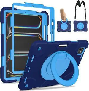 Andnary Case for iPad Pro 11 Inch Case 2024 (M4) 5th Generation, Heavy Duty Shockproof Cover with 360deg Rotating Handle/Bracket/Pen Holder/Shoulder Strap for A2836/A2837/A3006, Navy+Blue