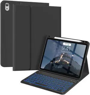Aoub Keyboard Case for iPad Air 11-Inch M2 2024, iPad Air 5th/4th Gen 2022/2020, 7 Color Backlit, Folio Detachable Wireless Bluetooth Keyboard Cover Soft TPU Back Case with Pencil Holder, Black
