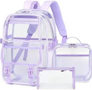 AO ALI VICTORY Large Clear Backpack for Women Men Girls School College Bookbag with Lunch Box Pencil Bag PVC Transparent Backpacks See Through Daypack for Sport Events Stadiums Work Travel,Purple Set