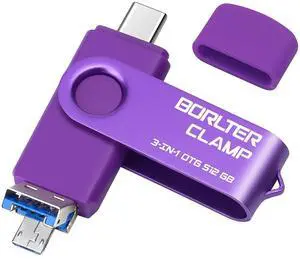512GB 3 in 1 USB 3.0 Flash Drive Photo Stick for Android Phones, BorlterClamp OTG Memory Stick with 3 USB Ports (USB C, microUSB, USB A) for Samsung Galaxy, LG, Tablets, PC and More, Purple