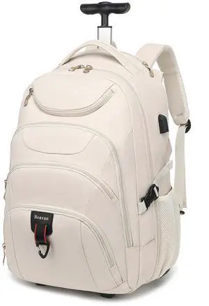 Boavan Rolling Backpack for Women, 17.3 Inch Wheeled Laptop Backpack,Large Travel Carry-On Bag for Teachers College Students, USB Charging Port Waterproof Business for Airplane Overnight Luggage,Beige