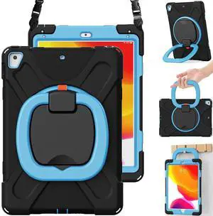 BRAECN Case for iPad 6th/5th Generation, iPad Air 2 Case, iPad Pro 9.7 Case, Rugged Silicone Case with 360deg Rotating Handle Grip,Pencil Holder, Kickstand, Shoulder Strap for iPad 6th Gen-Black+Blue