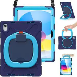 BRAECN Case for 10.9 Inch iPad 10th Generation 2022 A2696 A2757 A2777-Heavy Duty Shockproof Cover with Pencil Holder/Screen Protector/Rotating Handle Grip/Stable Kickstand/Shoulder Strap, Navy Blue