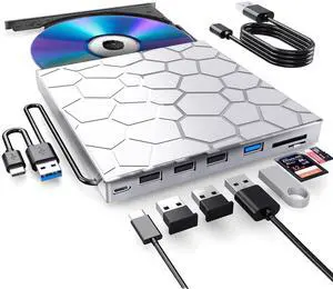 BPAKDU External CD/D1VD Drive for Laptop, DVD Player for Laptop, 8 in 1 USB 3.0 Ultra-Slim Portable (Silver)