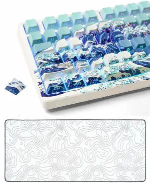 Side Printed-PBT keycaps,Blue Wave of Kanagawa,Shine Through,Double Shot Keyboard caps Bundle with Topographic map XXL White Mousepad(35.4x15.7in)