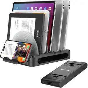 DeskLogics Vertical Laptop Stand for Desk, Patented Laptop Organizer Stand Multiple Rack Holder w/ 6 Dividers, Portable Phone Stand, 360deg Rotating Base, Compatible w/MacBooks iPhones iPads Tablets