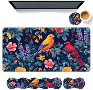 DHEEBFWE Keyboard Mouse Pad Set,Large Desk Pad+Keyboard Wrist Rest+Mouse Pad Wrist Support+Coaster,Easy Typing Pain Relief Non-Slip Mousepad Wrist Support Mousepad Set Home Office,Flower Bird