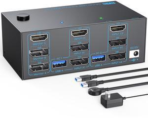 8K KVM Switch 3 Monitors 2 Computers Triple Monitor 2 Displayport 1.4 and HDMI 2.1 USB 3.0 KVM Switches, DP 1.4 Supports 8K@30Hz/4K@144Hz, HDMI Supports Max 8K@60Hz /4K@120Hz with Wired Remote Control