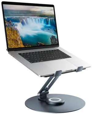 Swivel Laptop Stand for Desk, Adjustable Height Aluminum Computer Stand with 360 Rotating Base, Foldable Ergonomic Riser, Portable Laptop Holder Compatible with MacBook, All Laptops 10-17'', Grey