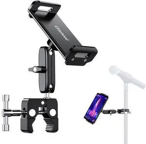 elitehood Aluminum Dual Ball Head Tablet Holder for Mic Stand, Adjustable iPad Mic Stand Holder, Side Mount Microphone Music Stand Phone Holder Mount for iPad, iPhone,4, 7-12.9in Tablets