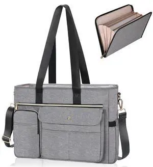 ESTARER Women Teacher Tote Bag 2Pcs, 15.6'' Laptop Work Bag Nurse bag w/Expandable File Folder, Large Water-Resistant Computer Messenger Bag w/Insulated Pocket for Office/Business/College, Grey