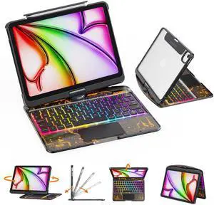 GUSGU Transparent Case with Wireless Keyboard for iPad 10.2-in (7th, 8th, and 9th Gen), 7 Colors Backlight, Trackpad, 360degRotating Stand, Tech Style