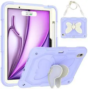 Hogenl for iPad Air 11 Inch Case 2024 (M2) for Kids Girl with Pencil Slot, for iPad Air 6th Generation Cover with Butterfly Stand Shoulder Strap Shockproof Full Body Protective, Purple