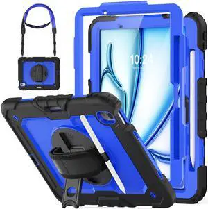 HXCASEAC Case for iPad Air 11 inch 2024 (M2), Shockproof Design with Pencil Holder/Screen Protector/Rotating Hand Strap, Protective Cover for iPad Air 6th Generation (A2902, A2903, A2904) - Blue